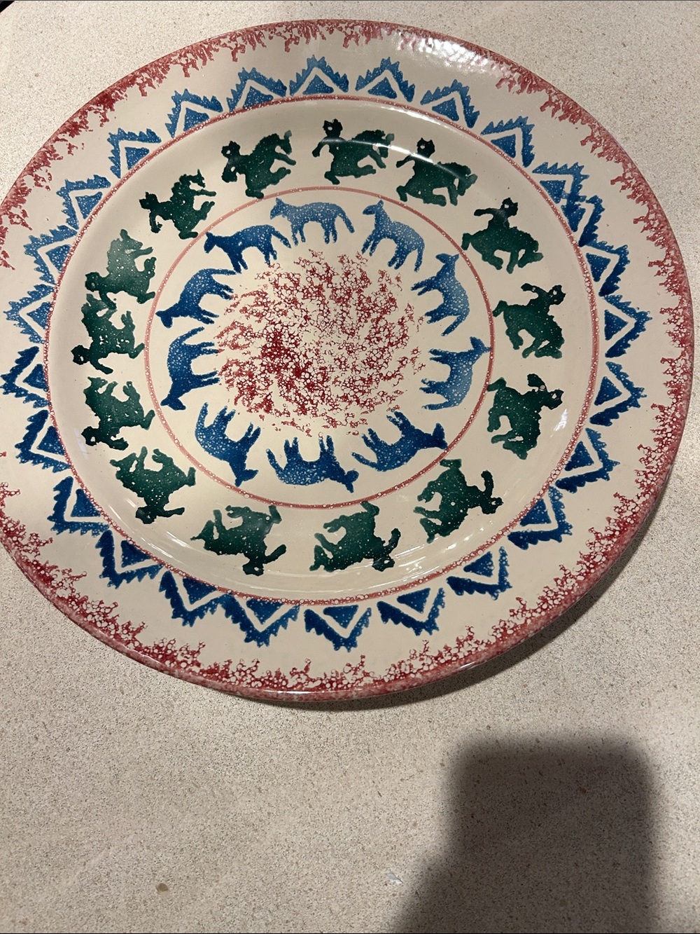 Hand-Painted Decorative Ceramic Wall Plate - Cream with Blue & Green Motif